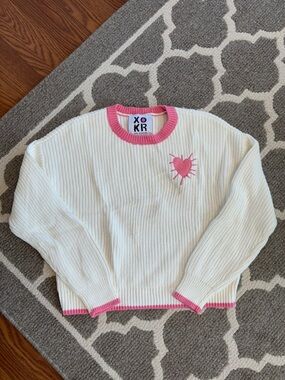 Kerri Rosenthal XOKR Ribbed White & Pink Trim Heart Crewneck Sweater